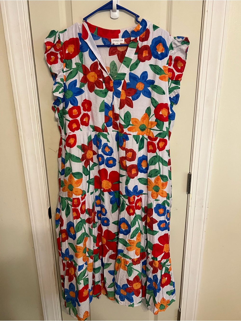 Chic Soul White Cotton Tiered Dress with Red, Blue & Orange Floral Print